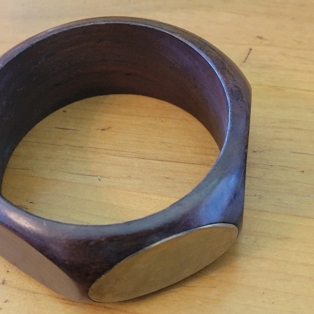 Vintage Chunky Wood Brass Inlay Bangle Bracelet Wide Modernist 50g